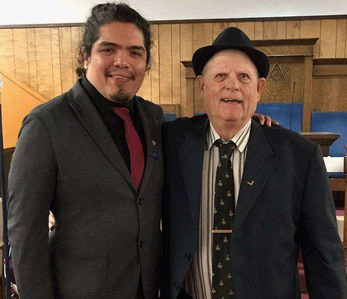 Brother Alfredo Gallegos with WM Russ Sutton, who conferred the Master Mason Degree.