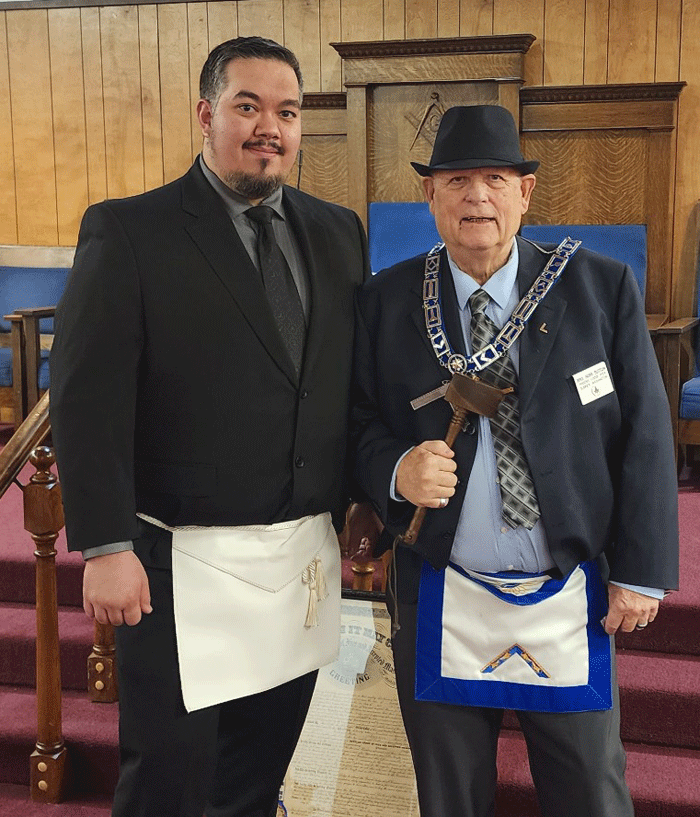Brother Thomas Carpenter with WM Russ Sutton, who conferred the Master Mason Degree.