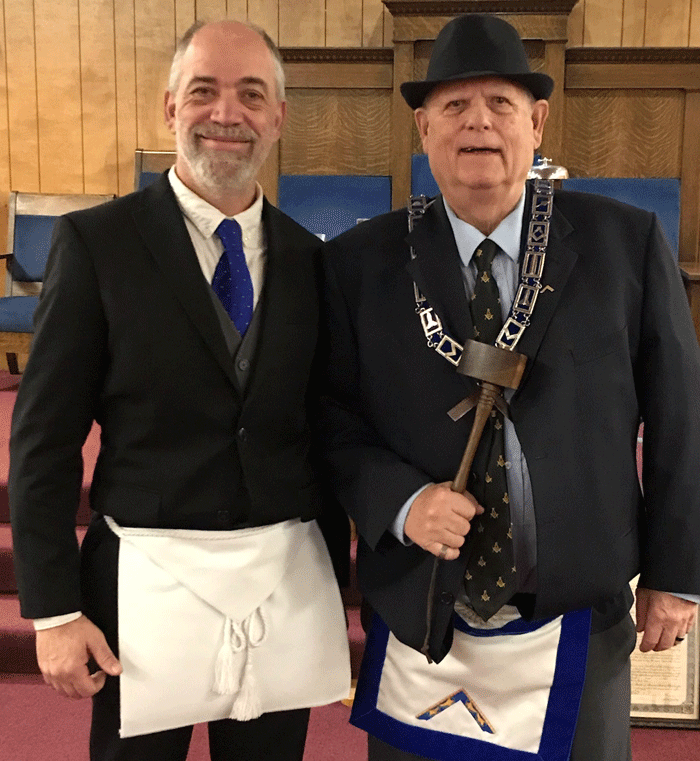 Brother Vance Rifenberick with WM Russ Sutton, who conferred the Master Mason Degree.