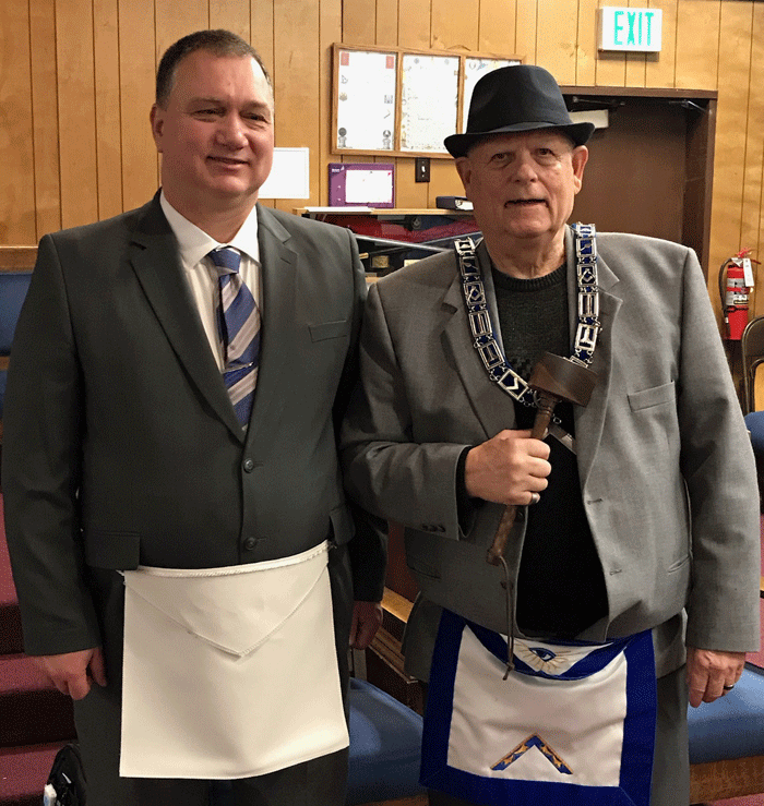 Brother Vince Stoneking with WM Russ Sutton, who conferred the Master Mason Degree.