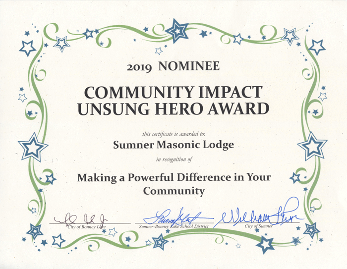 Certificate of Phoenix Lodge - 2019 Nominee for Community Impact Unsung Hero Award
