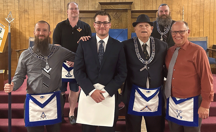 SD Benjamin Fuller, Bro Brendan Fisher, WM Russ Sutton and WB Scott Thompson with WB John Losey and Ryan Williams who served as Stewards for the degree.