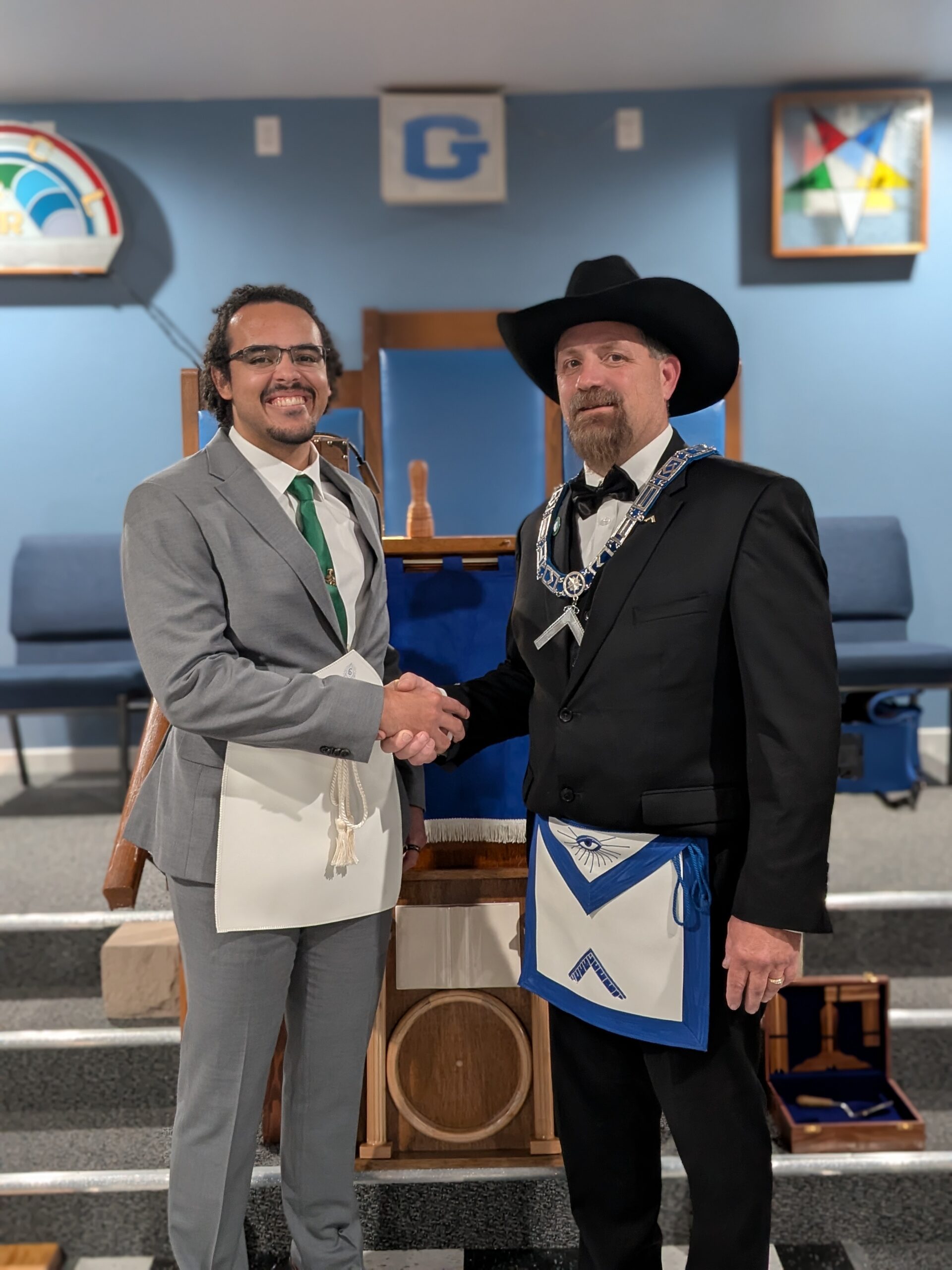 Bro. Cameron Lewis with WM Dan White after Cameron's EA degree.