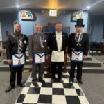 Brother Leonard Crump with WM Bill Cooper, VW Scott Thompson, and SW Ben Fuller after Crump's MM degree.